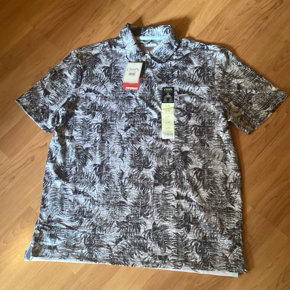 NWT Chaps Everyday Driwear Performance Stretch Polo Shirt,‎ Large Grey Palm